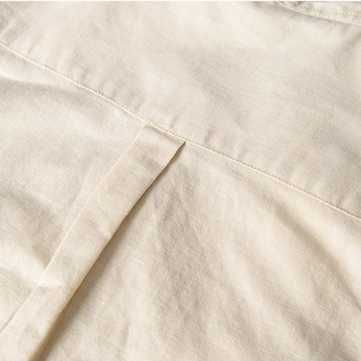 Buddha Stones Casual Daily Simple Buttons Design Stand Collar Men's Short Sleeve Cotton Linen Shirt With Front Pockets - image 14