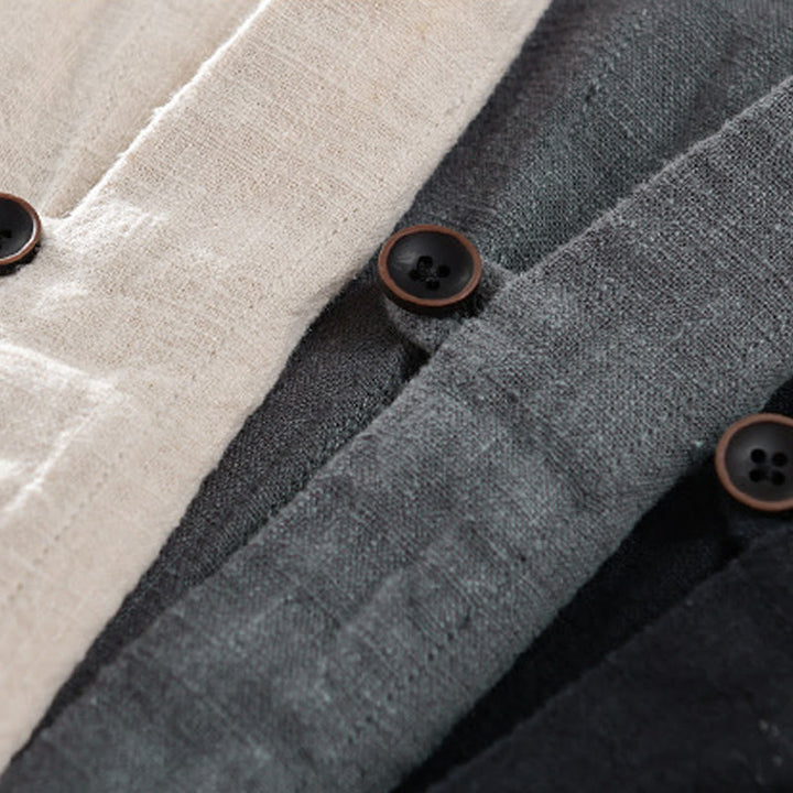Buddha Stones Spring Daily Simple Buttons Design Stand Collar Men's Long Sleeve Cotton Linen Shirt With Pockets - image 21