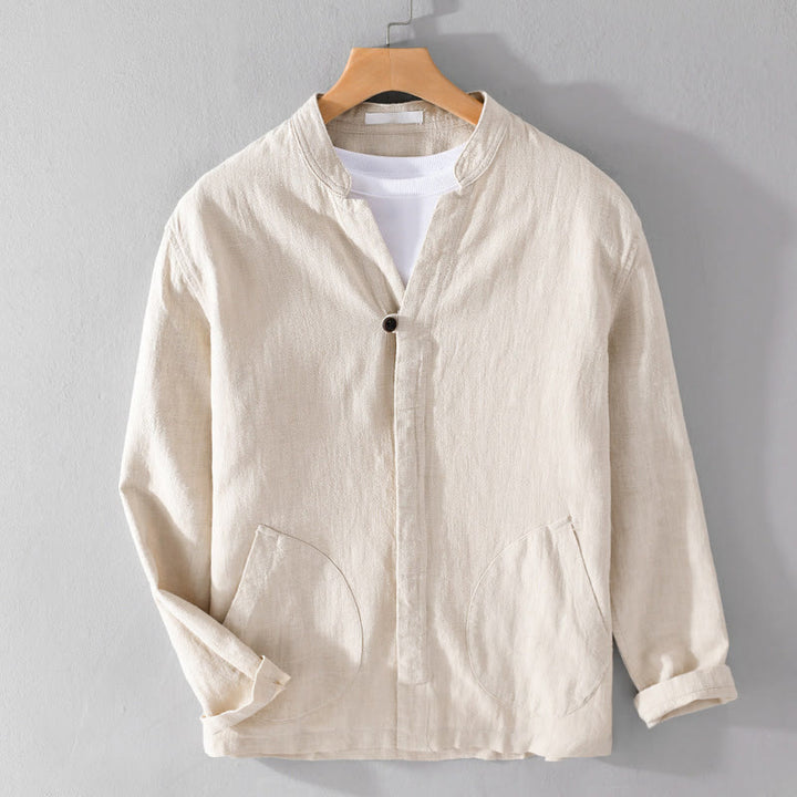 Buddha Stones Spring Daily Simple Buttons Design Stand Collar Men's Long Sleeve Cotton Linen Shirt With Pockets - image 1