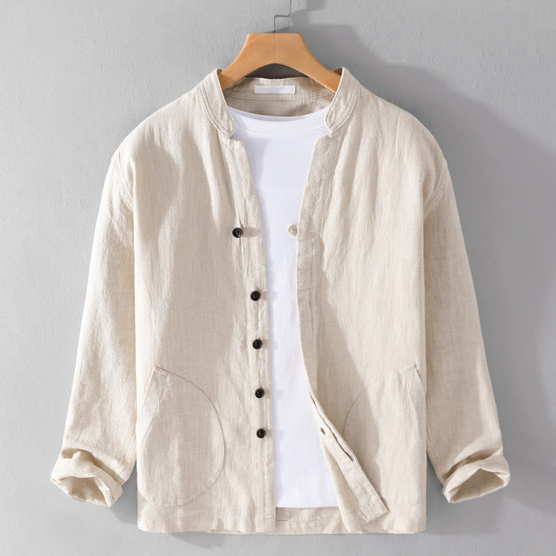 Buddha Stones Spring Daily Simple Buttons Design Stand Collar Men's Long Sleeve Cotton Linen Shirt With Pockets - Beige - US/UK/AU42，EU52 (3XL) - image 0