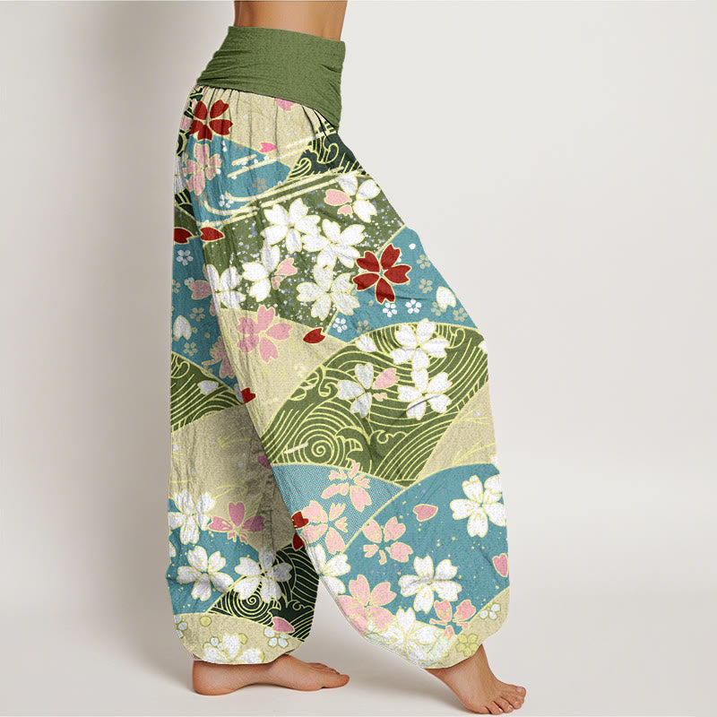 Buddha Stones Colorful Flowers Fan-shaped Pattern Design Women's Elastic Waist Harem Pants - image 3