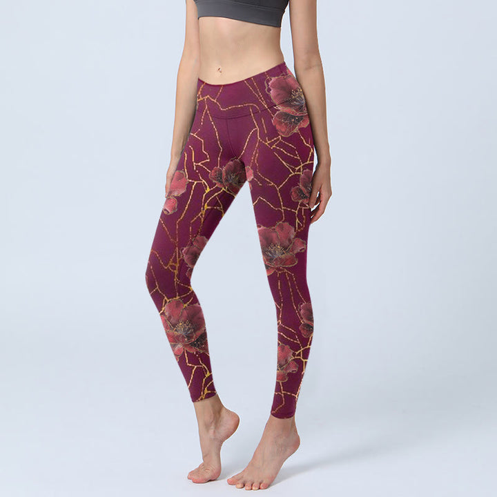 Buddha Stones Red Petals Golden Lines Pattern Print Gym Leggings Women's Yoga Pants - IndianRed - US18，UK/AU22，EU50 (4XL) - image 0