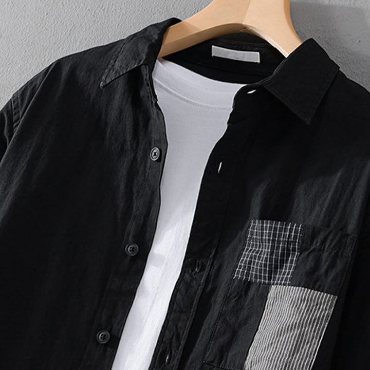 Buddha Stones Spring Daily Line Patchwork Design Lapel Men's Long Sleeve Cotton Linen Shirt With Pockets - image 16