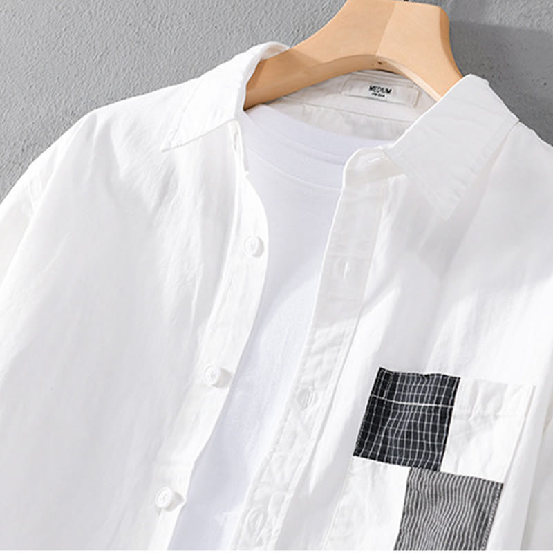 Buddha Stones Spring Daily Line Patchwork Design Lapel Men's Long Sleeve Cotton Linen Shirt With Pockets - image 9