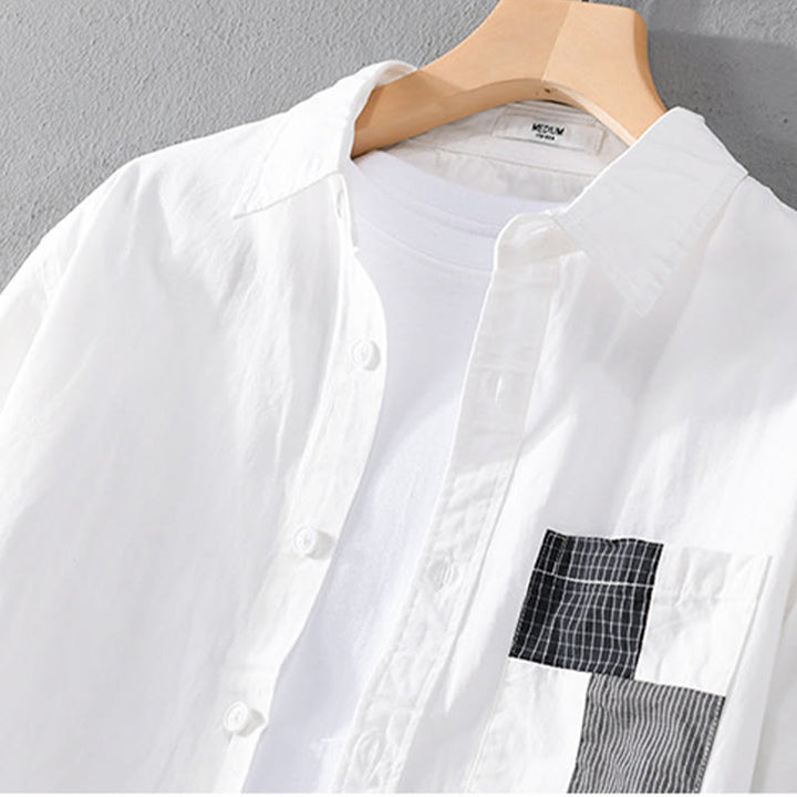 Buddha Stones Spring Daily Line Patchwork Design Lapel Men's Long Sleeve Cotton Linen Shirt With Pockets - image 9