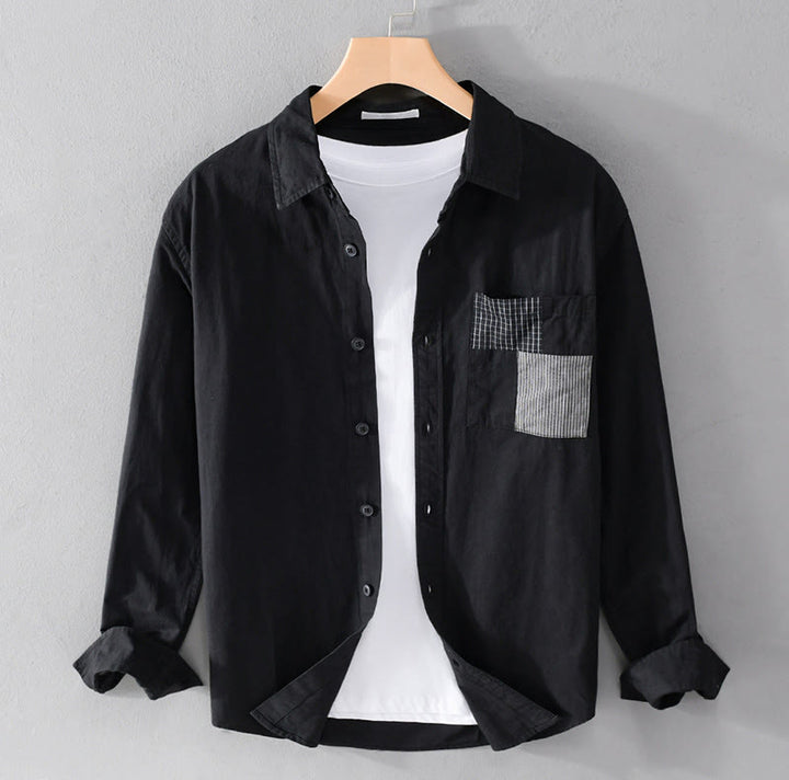 Buddha Stones Spring Daily Line Patchwork Design Lapel Men's Long Sleeve Cotton Linen Shirt With Pockets - Black - US/UK/AU42，EU52 (3XL) - image 15
