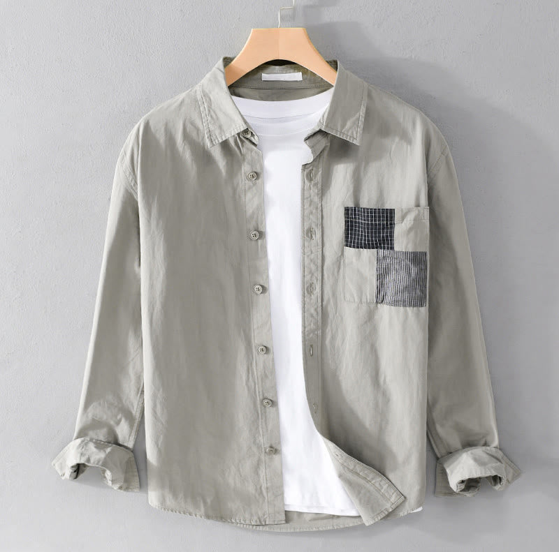 Buddha Stones Spring Daily Line Patchwork Design Lapel Men's Long Sleeve Cotton Linen Shirt With Pockets - DarkSeaGreen - US/UK/AU42，EU52 (3XL) - image 0