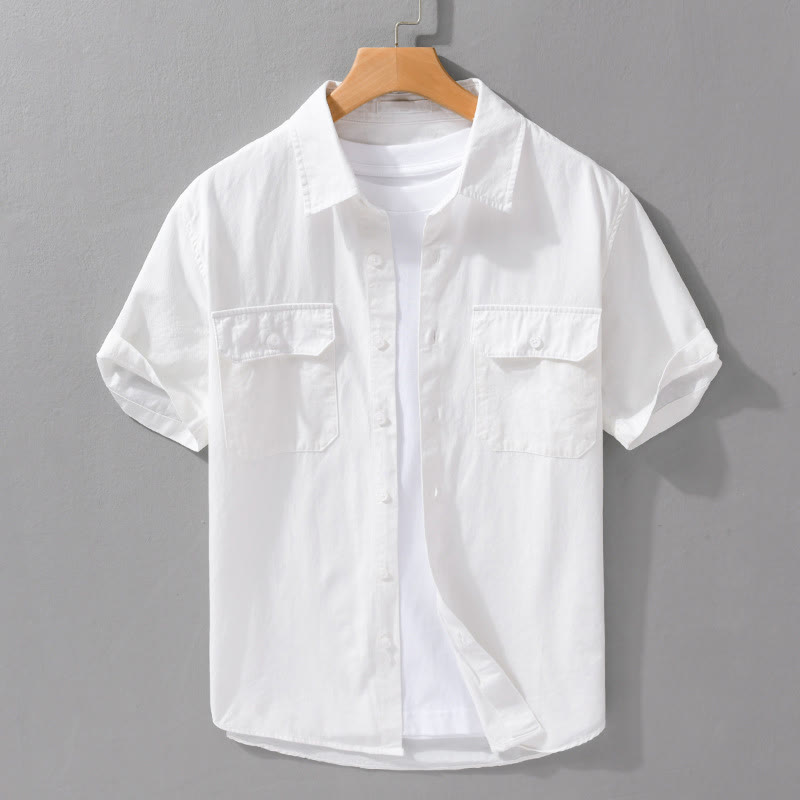 Buddha Stones Daily Pure Color Lapel Men's Short Sleeve Cotton Linen Shirt With Pockets - White - US/UK/AU42，EU52 (3XL) - image 1
