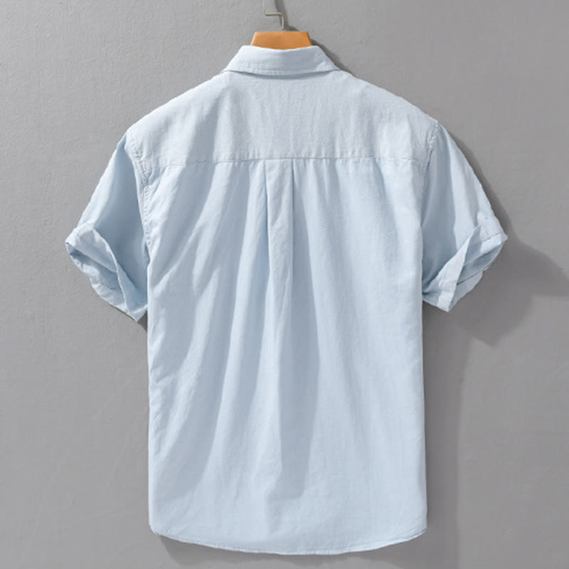 Buddha Stones Daily Pure Color Lapel Men's Short Sleeve Cotton Linen Shirt With Pockets - image 3