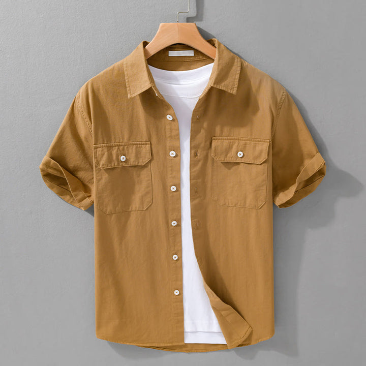 Buddha Stones Daily Pure Color Lapel Men's Short Sleeve Cotton Linen Shirt With Pockets - Goldenrod - US/UK/AU42，EU52 (3XL) - image 13