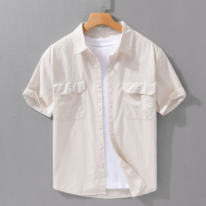 Buddha Stones Daily Pure Color Lapel Men's Short Sleeve Cotton Linen Shirt With Pockets - Beige - US/UK/AU42，EU52 (3XL) - image 0