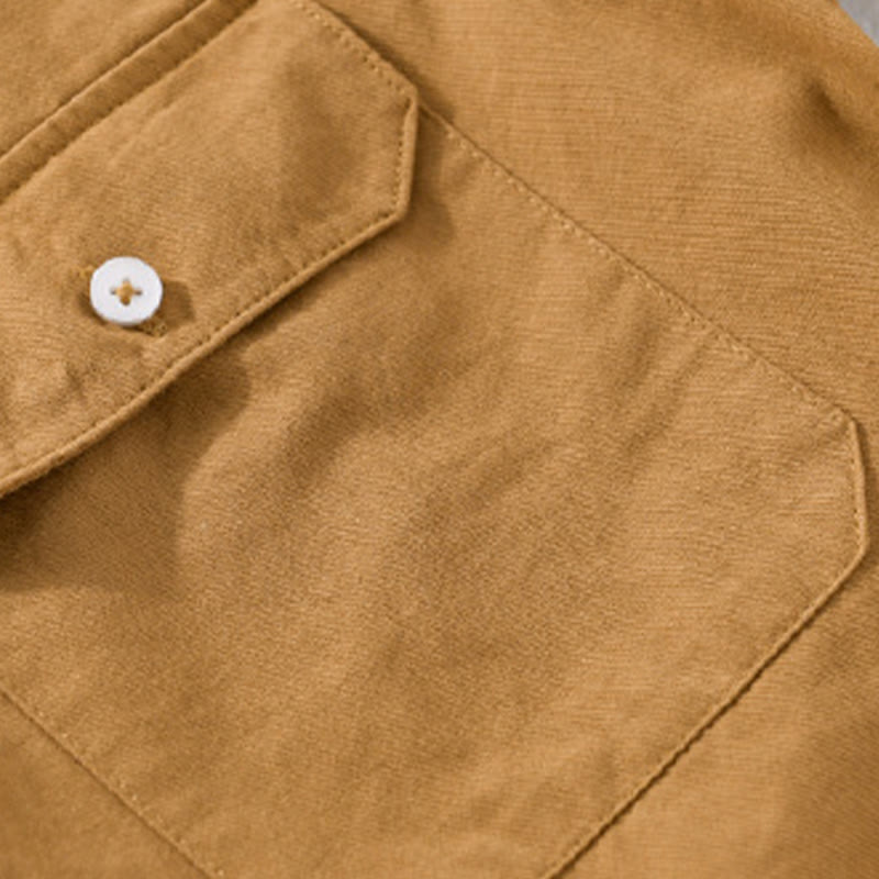 Buddha Stones Daily Pure Color Lapel Men's Short Sleeve Cotton Linen Shirt With Pockets - image 15