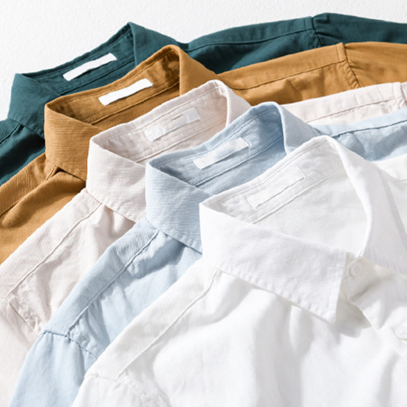 Buddha Stones Daily Pure Color Lapel Men's Short Sleeve Cotton Linen Shirt With Pockets - image 20