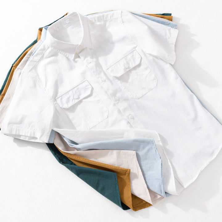 Buddha Stones Daily Pure Color Lapel Men's Short Sleeve Cotton Linen Shirt With Pockets - image 19