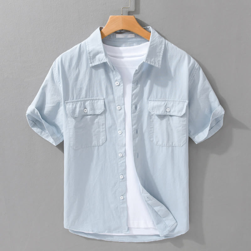 Buddha Stones Daily Pure Color Lapel Men's Short Sleeve Cotton Linen Shirt With Pockets - LightBlue - US/UK/AU42，EU52 (3XL) - image 2