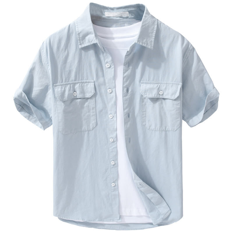 Buddha Stones Daily Pure Color Lapel Men's Short Sleeve Cotton Linen Shirt With Pockets - image 8