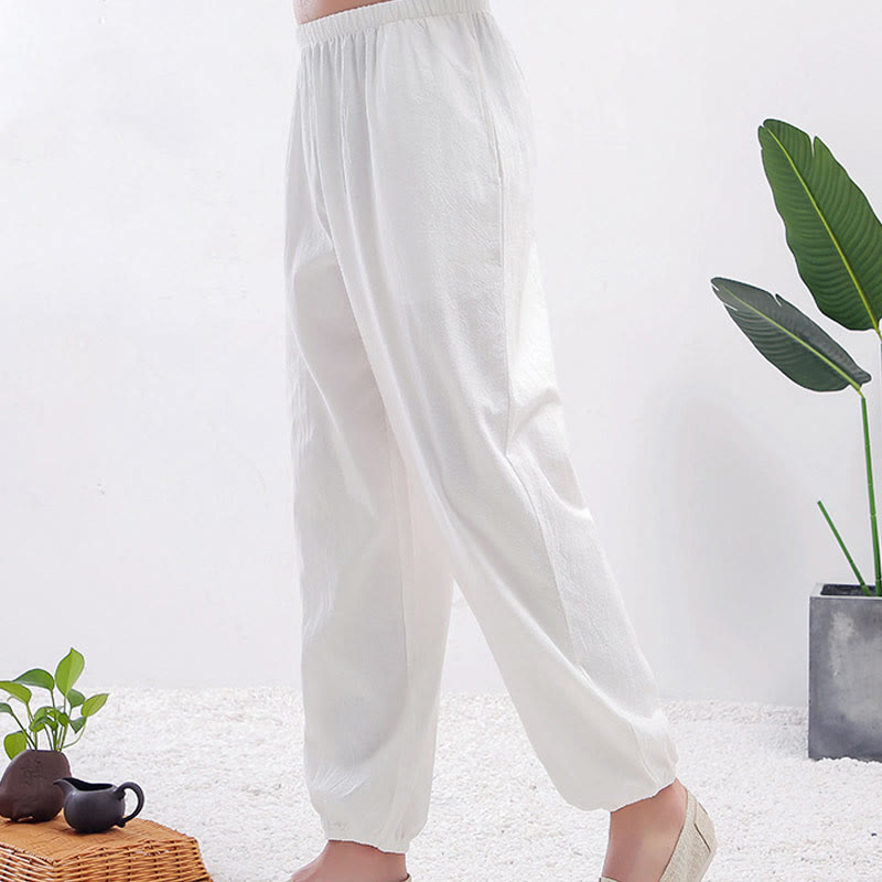 Buddha Stones Summer Solid Color Unisex Elastic Waist Tai Chi Qigong Practice Pants With Pockets - White Female - 3XL-FIT FOR US/UK/AU/EU-2XL - image 4