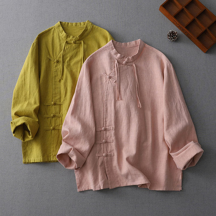 Buddha Stones Vintage Chinese Frog-Button Design Stand Collar Zen Women's Long Sleeve Cotton Linen Shirt - image 7