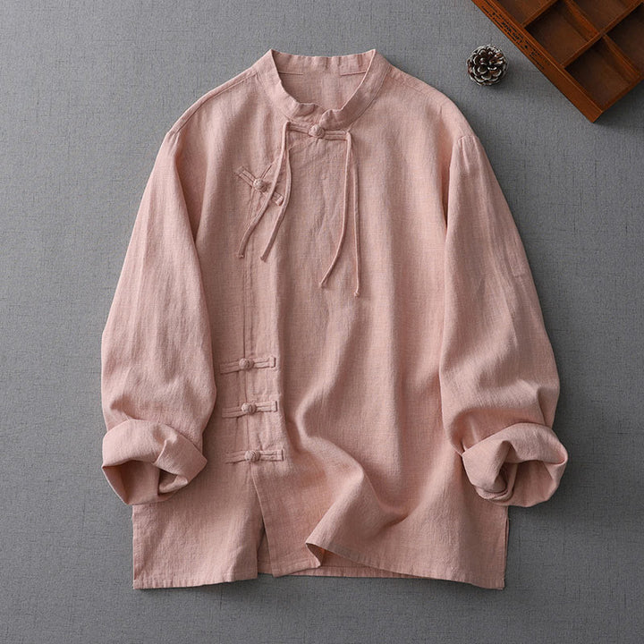 Buddha Stones Vintage Chinese Frog-Button Design Stand Collar Zen Women's Long Sleeve Cotton Linen Shirt - DarkSalmon - US8-10，UK/AU12-14，EU40-42 (2XL) - image 0