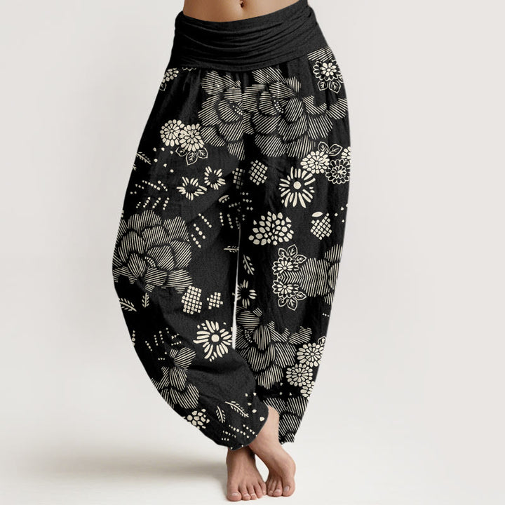 Buddha Stones Casual Floral Line Design Pattern Women's Elastic Waist Harem Pants - Black - US22，UK/AU26，EU54 (6XL) - image 1