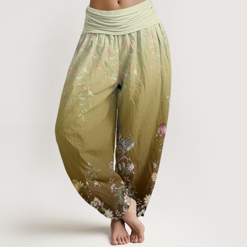 Buddha Stones Cotton Casual Gradient Delicate Floral Leaf Pattern Women's Elastic Waist Harem Pants - DarkKhaki - US22，UK/AU26，EU54 (6XL) - image 7