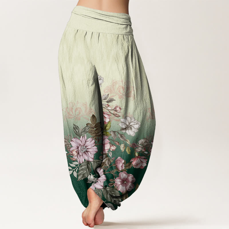 Buddha Stones Cotton Casual Gradient Petals Leaves Pattern Women's Elastic Waist Harem Pants - image 2