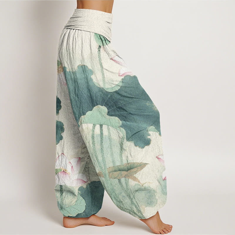 Buddha Stones Cotton Casual Lotus Petal Pods Pattern Women's Elastic Waist Harem Pants - image 1