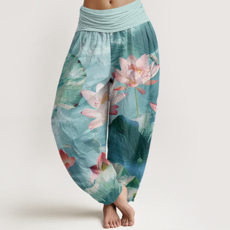 Buddha Stones Casual Lotus Petal Pond Pattern Women's Elastic Waist Harem Pants - PaleTurquoise - US22，UK/AU26，EU54 (6XL) - image 0