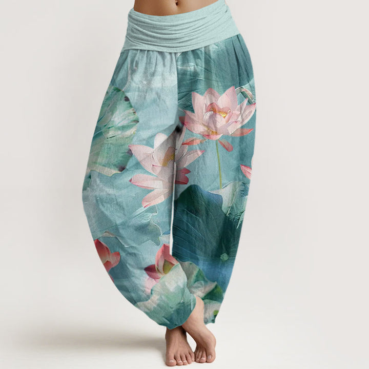Buddha Stones Casual Lotus Petal Pond Pattern Women's Elastic Waist Harem Pants - PaleTurquoise - US22，UK/AU26，EU54 (6XL) - image 0