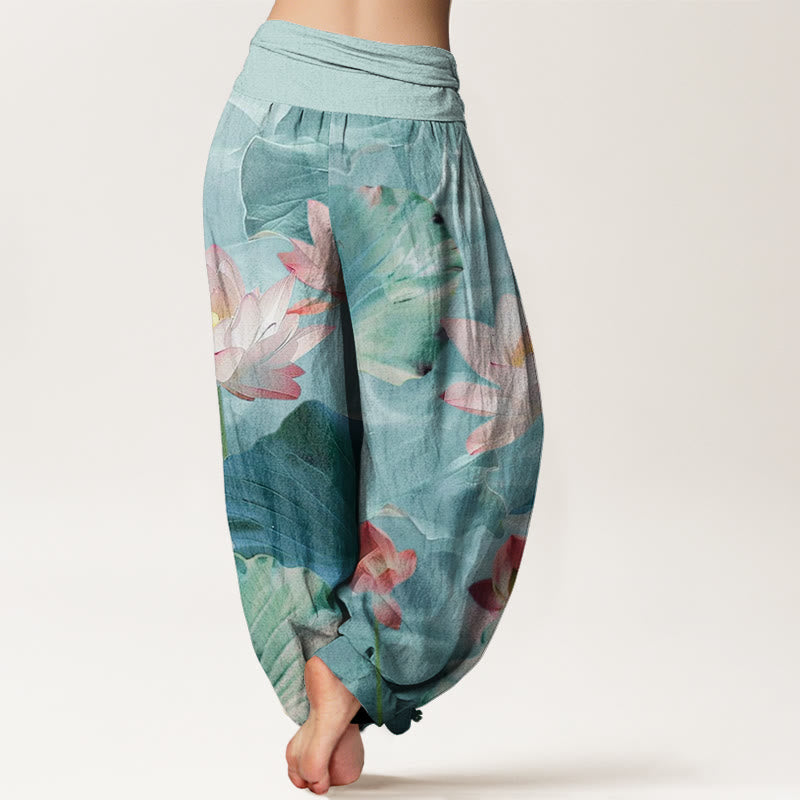 Buddha Stones Cotton Casual Lotus Petal Pond Pattern Women's Elastic Waist Harem Pants - image 2