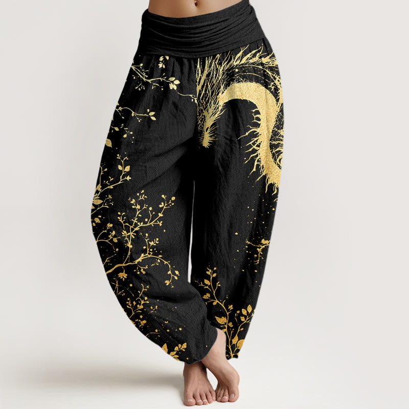 Buddha Stones Cotton Casual Dragon Flower Leaf Pattern Women's Elastic Waist Harem Pants - Black - US22，UK/AU26，EU54 (6XL) - image 0