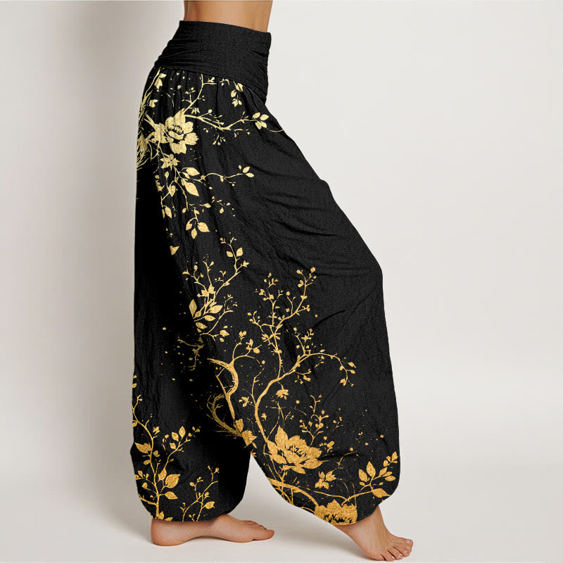 Buddha Stones Casual Dragon Flower Leaf Pattern Women's Elastic Waist Harem Pants - image 1