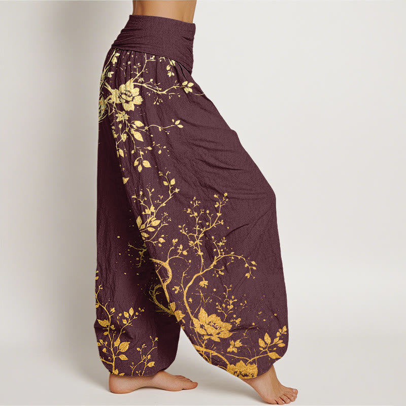 Buddha Stones Casual Dragon Flower Leaf Pattern Women's Elastic Waist Harem Pants - image 5