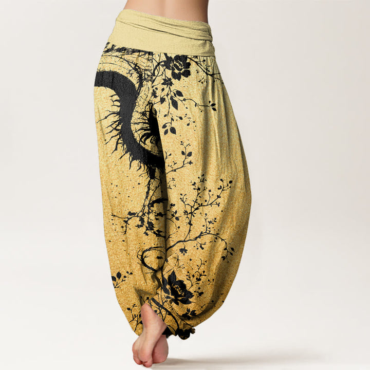 Buddha Stones Casual Dragon Flower Leaf Pattern Women's Elastic Waist Harem Pants - image 9