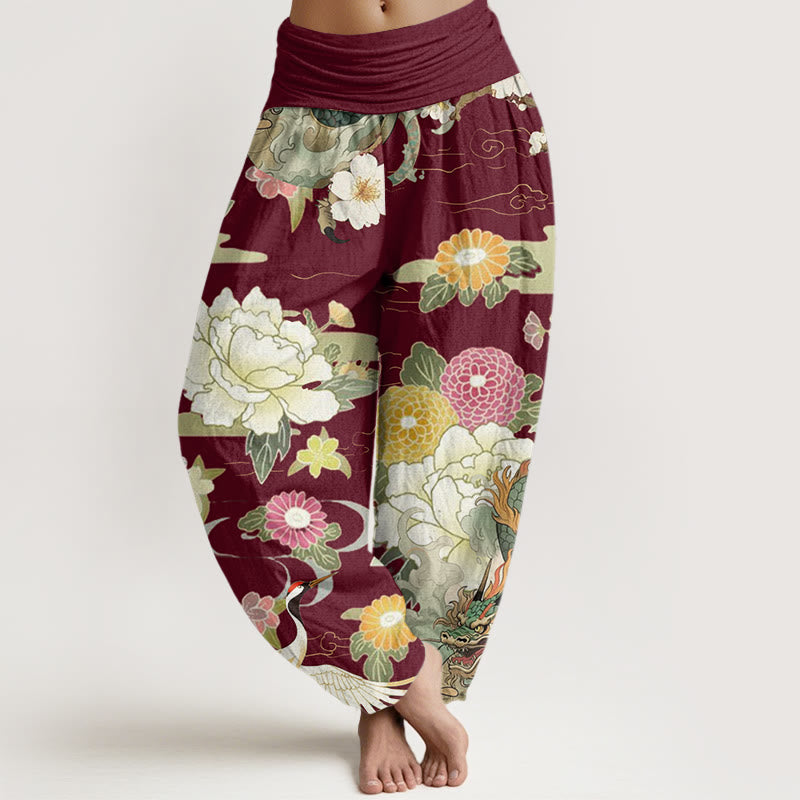 Buddha Stones Casual Dragon Red-crowned Crane Peony Flower Pattern Women's Elastic Waist Harem Pants - Maroon - US22，UK/AU26，EU54 (6XL) - image 0