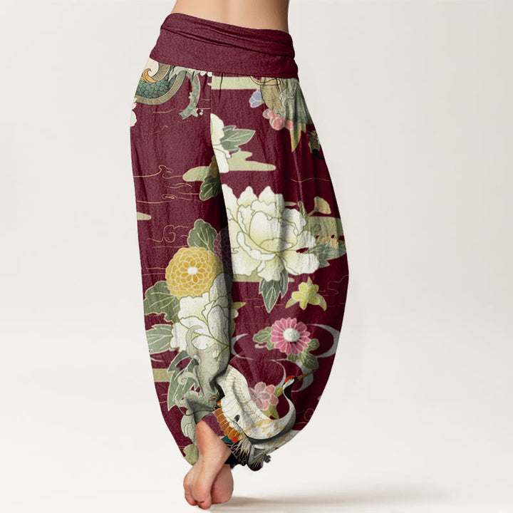 Buddha Stones Casual Dragon Red-crowned Crane Peony Flower Pattern Women's Elastic Waist Harem Pants - image 2