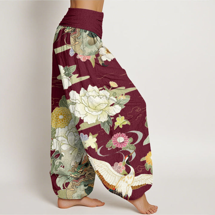 Buddha Stones Casual Dragon Red-crowned Crane Peony Flower Pattern Women's Elastic Waist Harem Pants - image 1