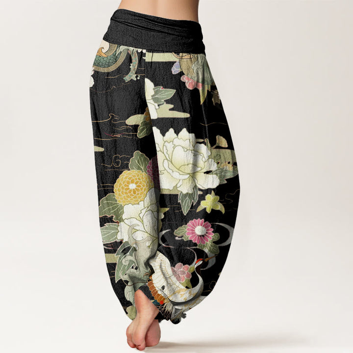 Buddha Stones Casual Dragon Red-crowned Crane Peony Flower Pattern Women's Elastic Waist Harem Pants - image 6