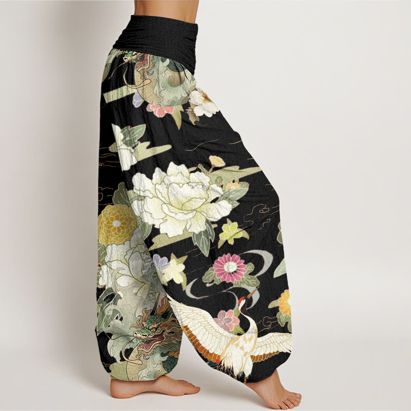 Buddha Stones Casual Dragon Red-crowned Crane Peony Flower Pattern Women's Elastic Waist Harem Pants - image 5