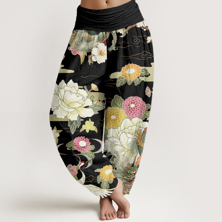 Buddha Stones Casual Dragon Red-crowned Crane Peony Flower Pattern Women's Elastic Waist Harem Pants - Black - US22，UK/AU26，EU54 (6XL) - image 4