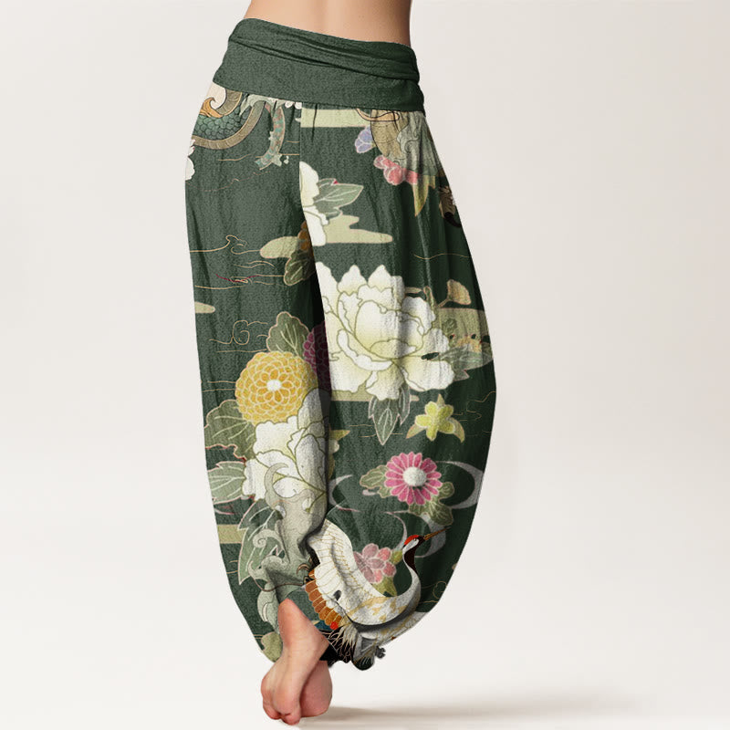 Buddha Stones Cotton Casual Dragon Red-crowned Crane Peony Flower Pattern Women's Elastic Waist Harem Pants - image 9