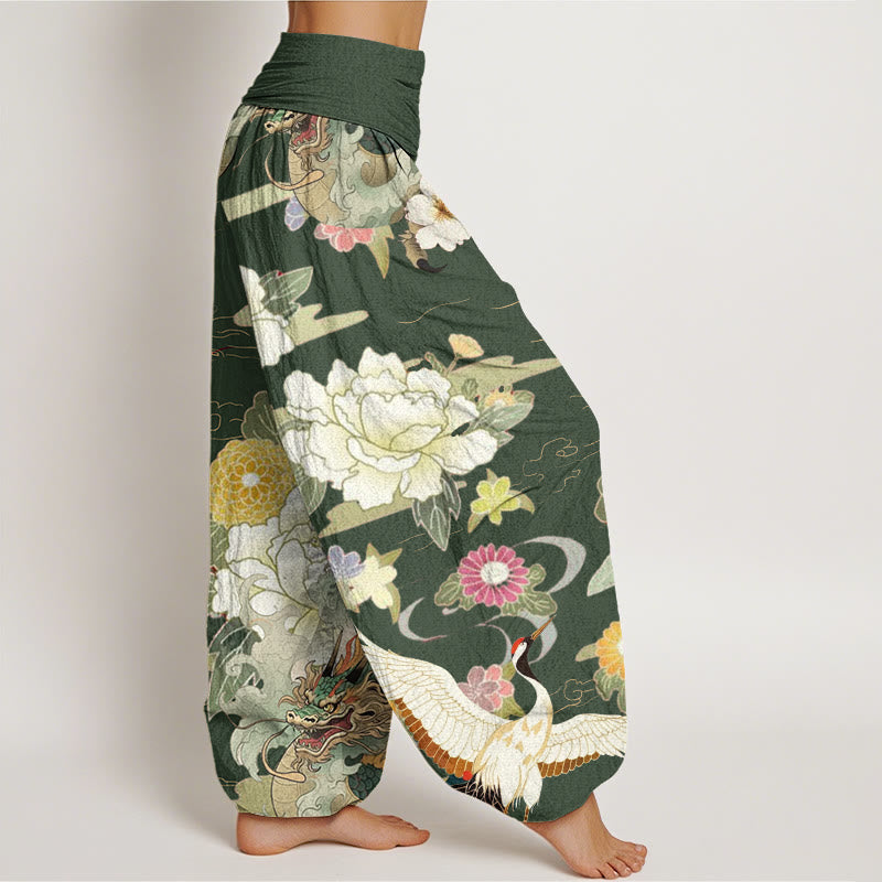 Buddha Stones Casual Dragon Red-crowned Crane Peony Flower Pattern Women's Elastic Waist Harem Pants - image 8