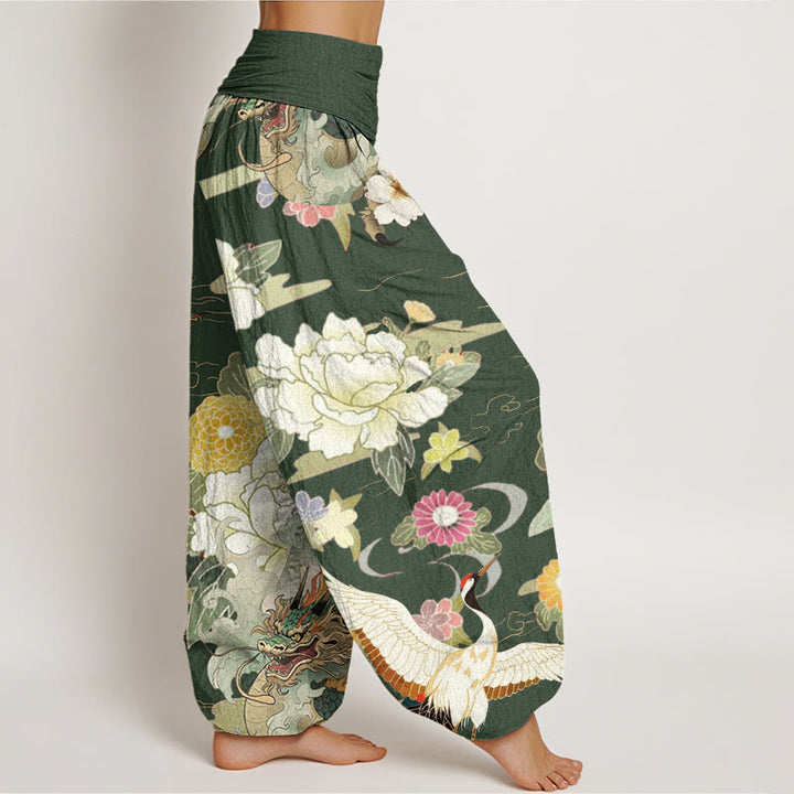 Buddha Stones Casual Dragon Red-crowned Crane Peony Flower Pattern Women's Elastic Waist Harem Pants - image 8