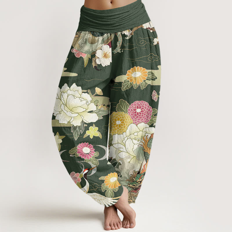 Buddha Stones Casual Dragon Red-crowned Crane Peony Flower Pattern Women's Elastic Waist Harem Pants - OliveDrab - US22，UK/AU26，EU54 (6XL) - image 7