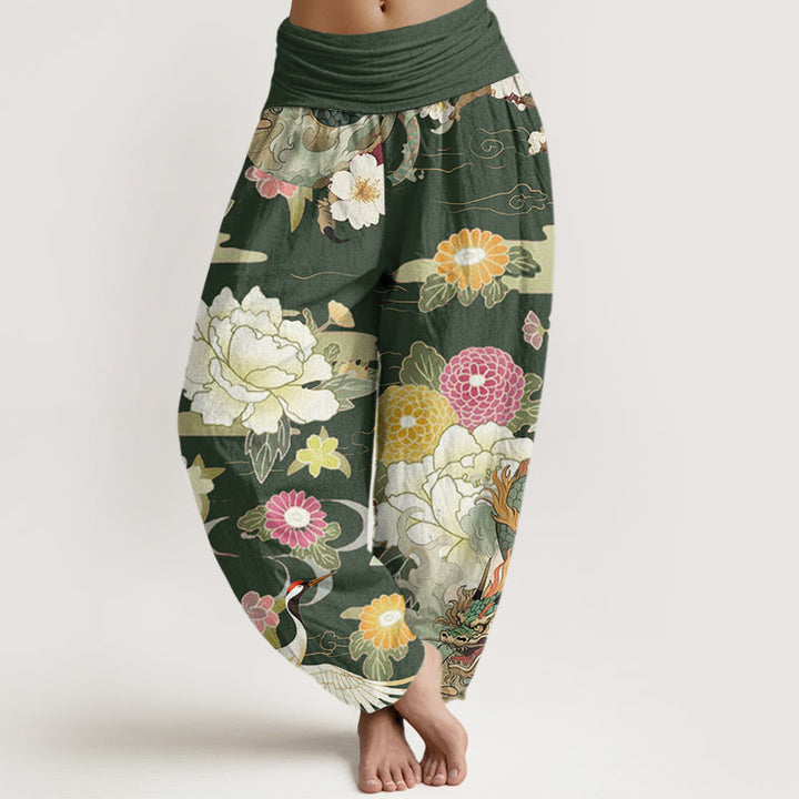 Buddha Stones Casual Dragon Red-crowned Crane Peony Flower Pattern Women's Elastic Waist Harem Pants - OliveDrab - US22，UK/AU26，EU54 (6XL) - image 7