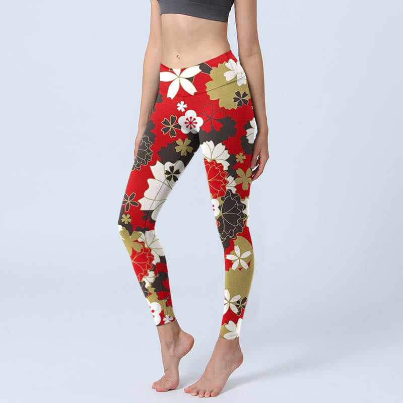 Buddha Stones Cherry Blossom Petals Pattern Print Gym Leggings Women's Yoga Pants - Crimson - US18，UK/AU22，EU50 (4XL) - image 0