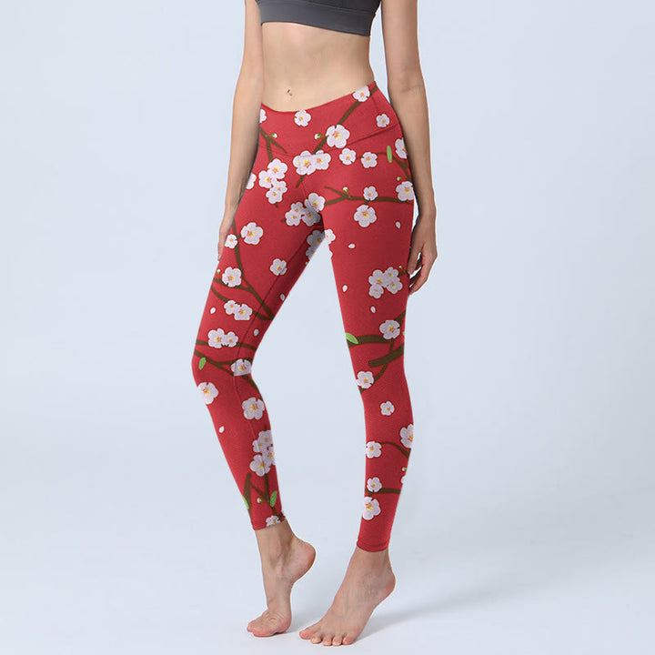 Buddha Stones Plum Blossoms Branches Leaves Pattern Print Gym Leggings Women's Yoga Pants - Crimson - US18，UK/AU22，EU50 (4XL) - image 1