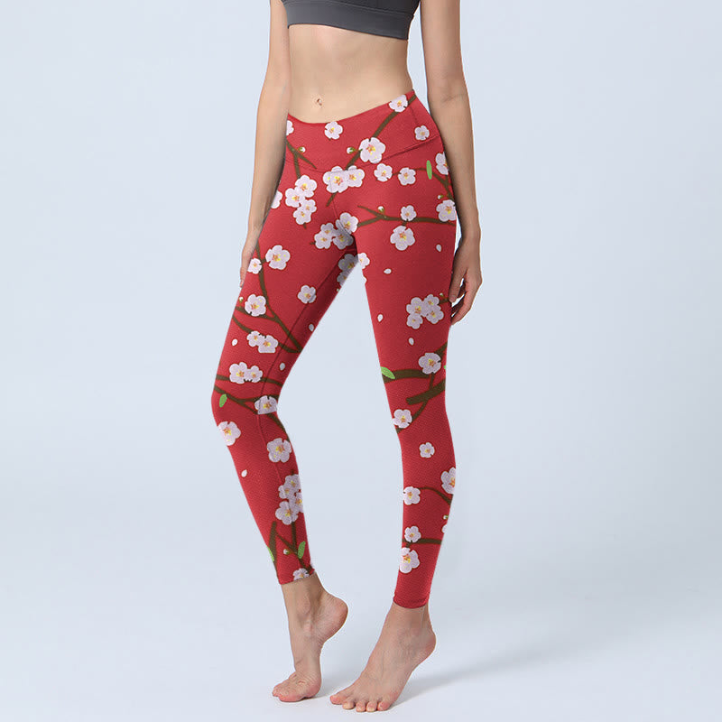 Buddha Stones Plum Blossoms Branches Leaves Pattern Print Gym Leggings Women's Yoga Pants - Crimson - US18，UK/AU22，EU50 (4XL) - image 0