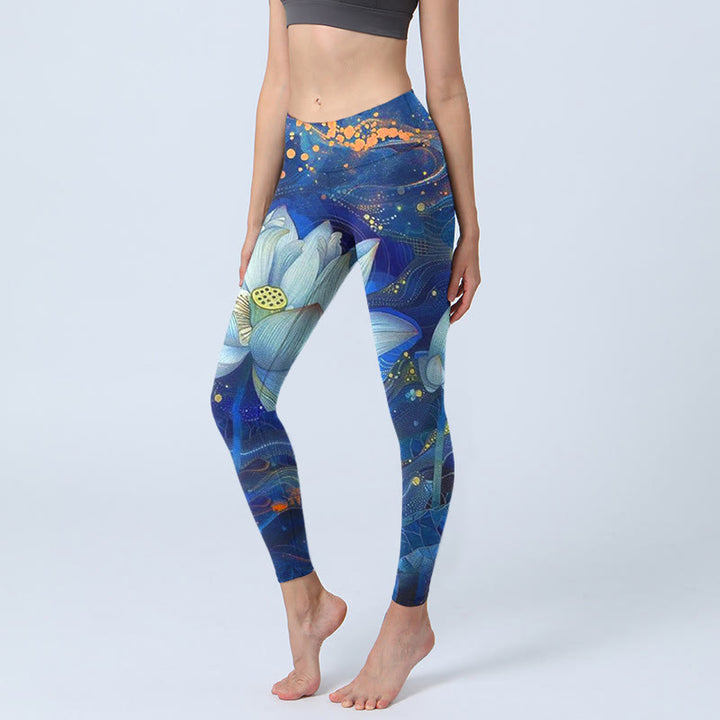 Buddha Stones Blooming White Lotus Pattern Print Gym Leggings Women's Yoga Pants - SteelBlue - US18，UK/AU22，EU50 (4XL) - image 0