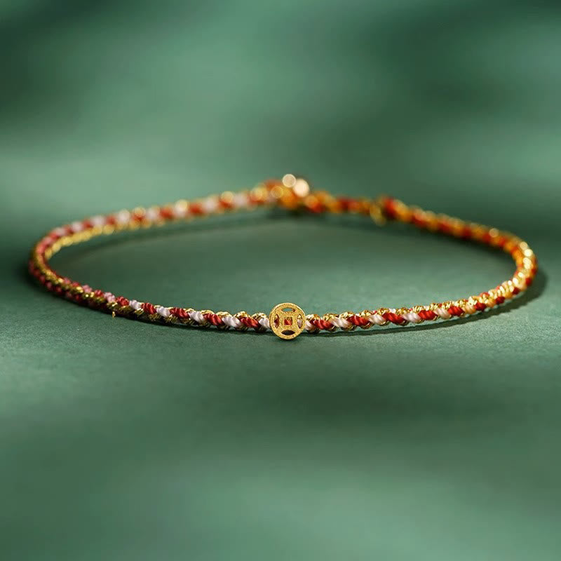 Buddha Stones Colorful Rope Luck Coin Bead Abundance Extra Thin Braided Bracelet - Red - Rope With Copper Coin - 20cm - image 8